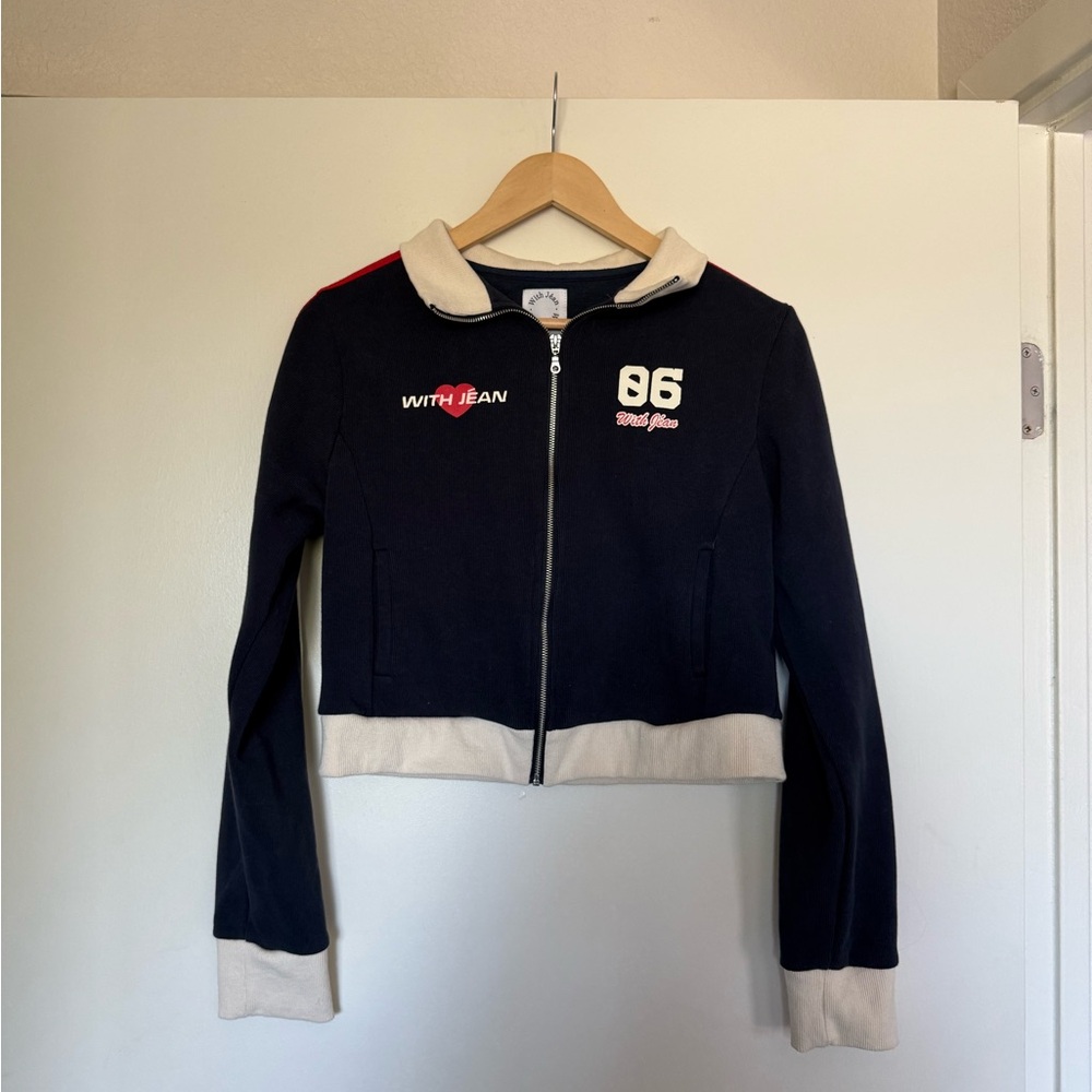 With Jean Women's Navy Zip-Front Cropped Jacket with Cream Trim
